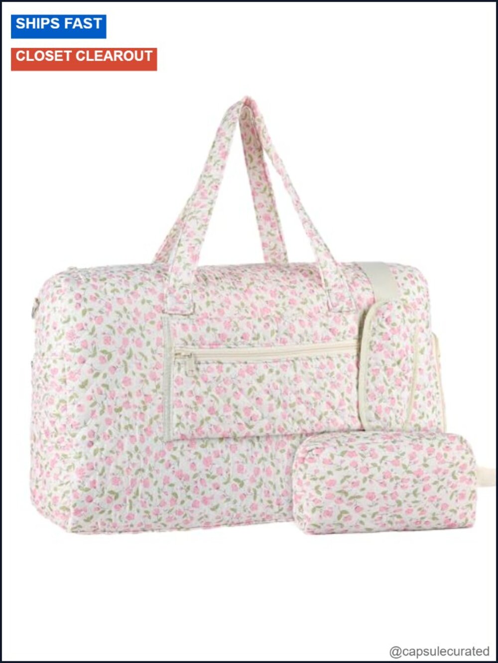 Quilted Pink Floral Weekender Bag with Makeup Pouch Hospital Bag for Women